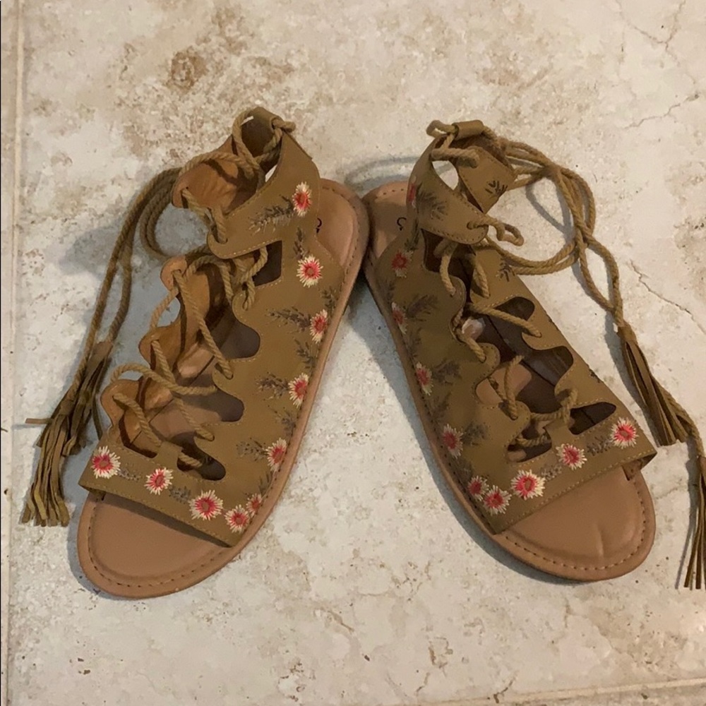Adorable brown faux leather ankle wrap sandals